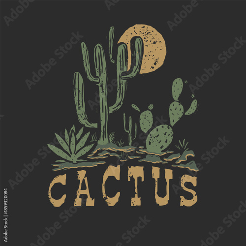 Vintage "Cactus Country" illustration. Retro desert landscape with saguaro, barrel, and prickly pear cacti. Hand-drawn nature vector for travel and apparel design.
