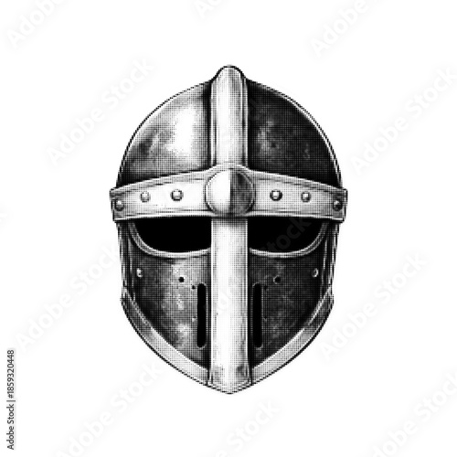 Black and white halftone illustration of a medieval knight helmet with cross. Minimal symbol of warrior, protection, honor, history, battle, and medieval combat, isolated on white background.