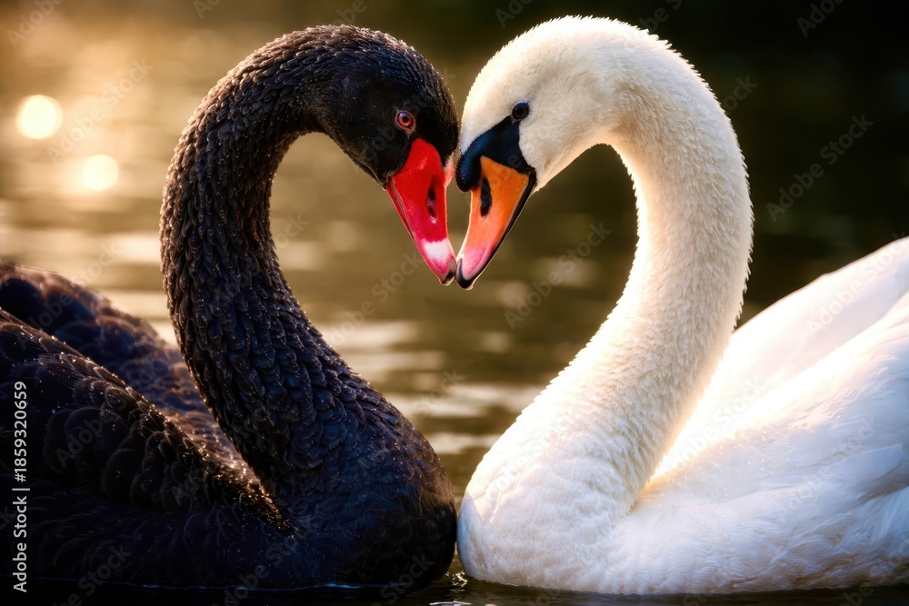Fototapeta premium Two swans are swimming in a pond, one black and one white