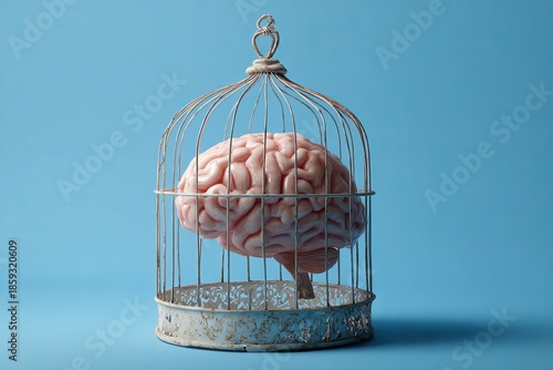 A human brain enclosed in a bird cage, artistically displayed against a vibrant blue background