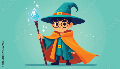 Cartoon Wizard Boy with Magic Staff and Pointed Hat.