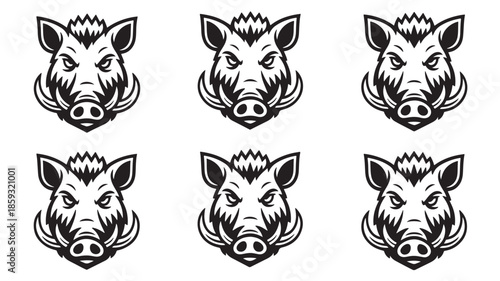Wild Boar Heads in Various Expressions with Detailed Line Art in Black and White for Graphic Design