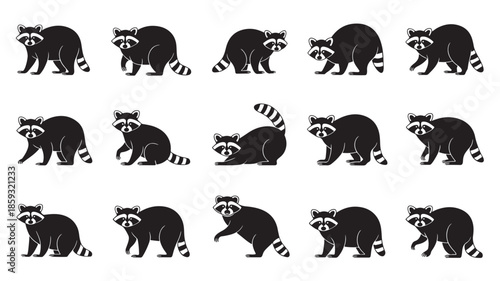 Raccoon Silhouettes in Various Poses in Black and White Illustration for Wildlife Icon Set