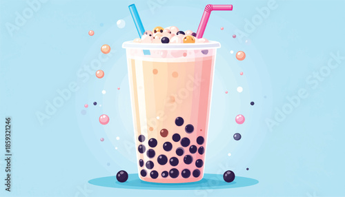 Delicious Bubble Tea with Tapioca Pearls and Colorful Straws.