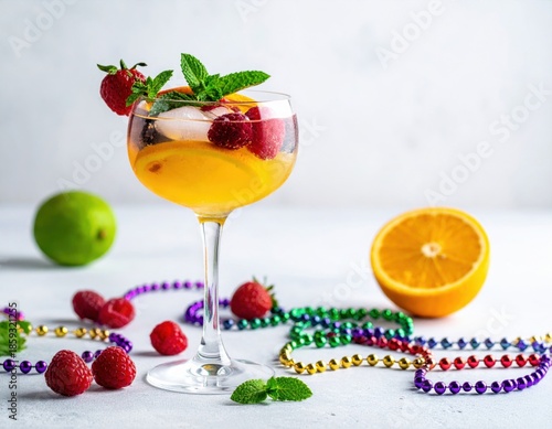 Refreshing orange and berry cocktail with ice and fresh mint, garnished with a strawberry, surrounded by colorful festive beads, a lime, and an orange