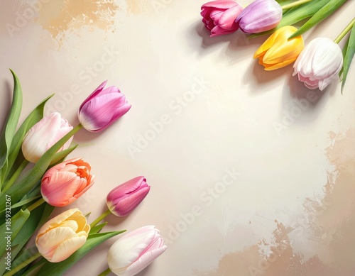 Vibrant tulips frame a soft background, perfect for spring messages. Spring sale poster background with fresh tulips lying diagonally, neutral backdrop.
