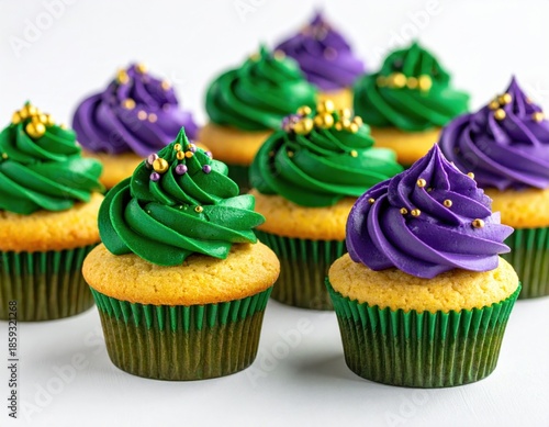 Colorful green and purple frosted cupcakes topped with golden sprinkles. Mardi Gras themed vegan cupcakes with purple, green and gold frosting.