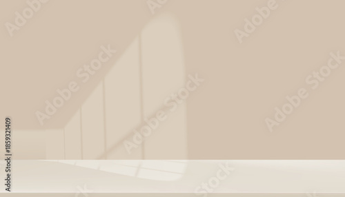 Minimal beige interior studio background with soft natural window light shadow,Vector Spring light on brown wall and empty floor for product presentation,cosmetic branding,mockup,modern design 