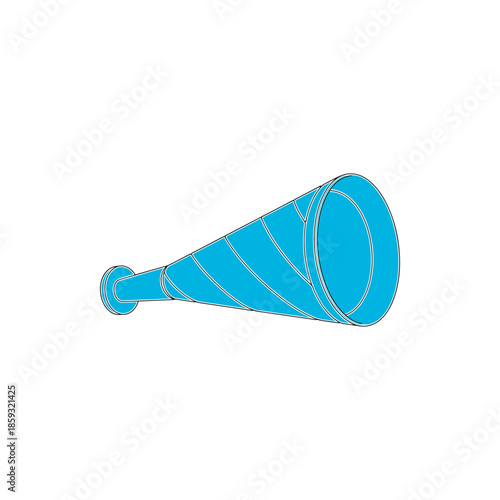 A stylized illustration of a blue and white cone-shaped horn or trumpet with spiral detailing