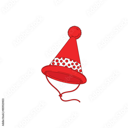 Festive red celebration cone hat illustration with playful white polka dots and a fluffy pom-pom, an essential accessory for joyful events, birthday parties, and holiday gatherings