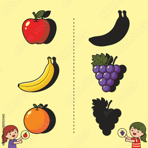 Matching Game with Fruits and Shadows for Kids.