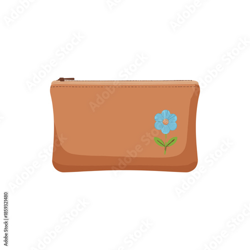 Cute flat illustration of a brown zippered pouch with a charming blue flower design, perfect for organizing small personal items, makeup, or travel essentials in a compact and stylish way