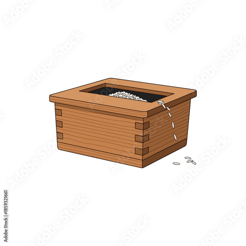 Wooden rice container with grains spilling out, a depiction of potential loss or carelessness