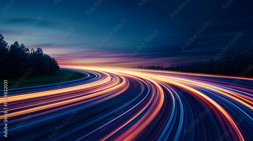 Fototapeta premium Light trails on winding road at dusk create vibrant and dynamic scene 