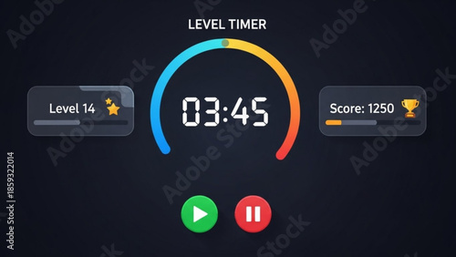 Level timer with score and progress bar on dark background, showing 03 45 time remaining, level 14, and 1250 points, with play and pause buttons