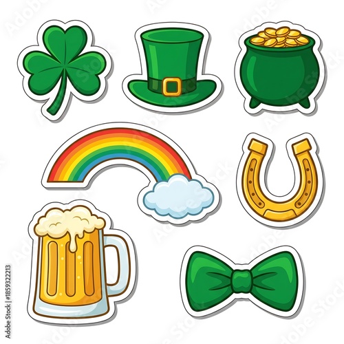 St. Patricks Day celebration stickers set featuring shamrock, leprechaun hat, pot of gold, rainbow, horseshoe, beer mug, and bow tie for holiday design element.