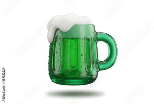 St. Patrick Day green beer mug with white foam. Irish celebration drink for festive event. Holiday beverage concept.