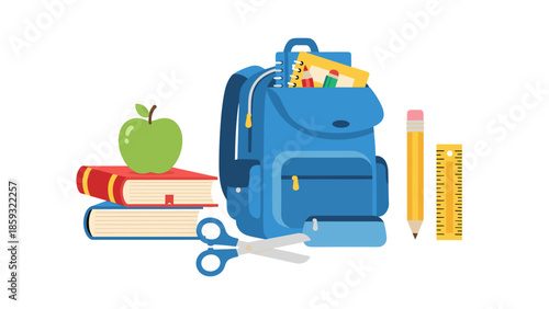 Blue Backpack with Books and Stationery.