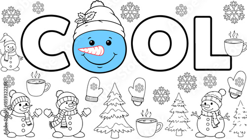 cool coloring book, snowman coloring book, winter coloring book for kids, fun snowman illustration, kids coloring book cover, creative typography design, cool text illustration, snowman letter design,