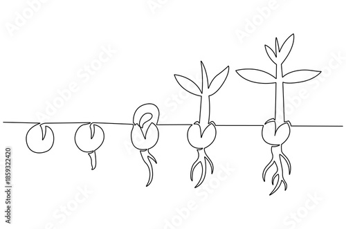Continuous one line drawing of Little green seedlings growing. Single line drawing illustration of Seed germination in soil. Plant growth steps concept vector art. Doodle line illustration.