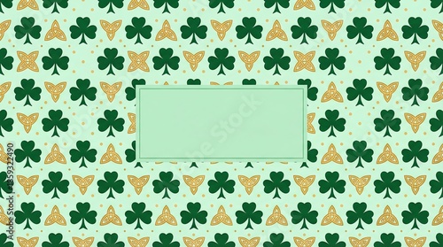 Seamless pattern with green shamrock and golden celtic knot on light green background with copy space. Irish folklore and St. Patricks Day concept.