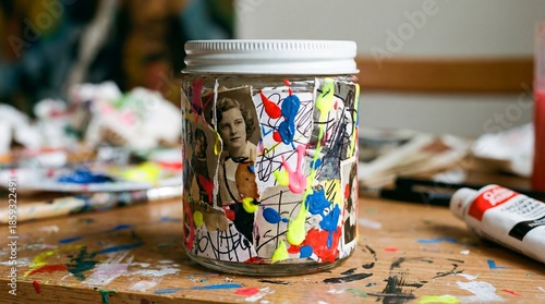 Glass jar decorated with colorful paint and vintage photographs on messy art table