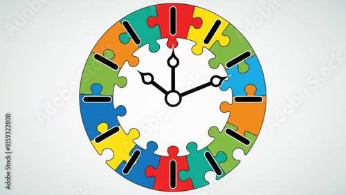 Colorful puzzle clock with black hands on white background, symbolizing time and unity