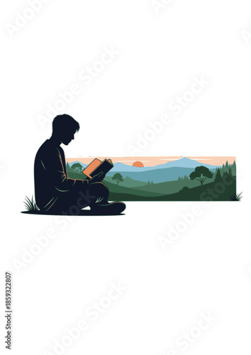 Digital Detox Silhouette of Person Reading Book in Nature for Mental Health Wellness and Offline Mindful Lifestyle Concept Illustration