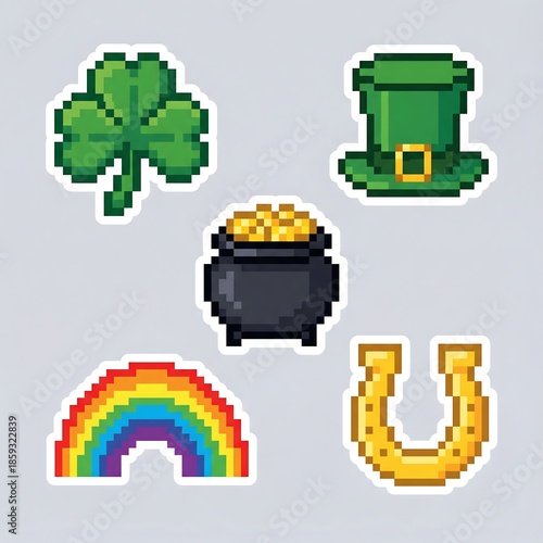 St. Patrick’s Day pixel art stickers including shamrock, leprechaun hat, pot of gold, rainbow, and horseshoe. Lucky charm set for digital design application.