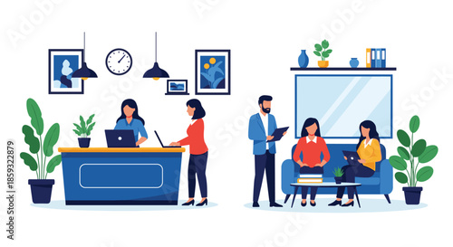 Diverse team of young professionals working on laptops and having discussions in a shared collaborative office space.