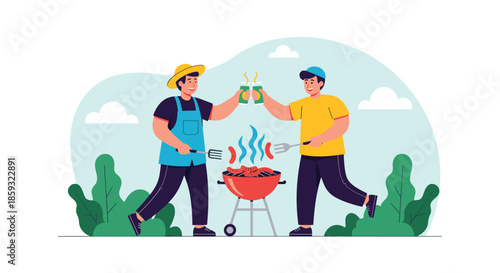 Two happy male friends grilling sausages on a barbecue and cheering with drinks in a sunny backyard or park.