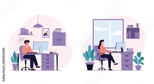 Comparison of two different remote work setups showing a man and a woman working productively at their home office desks.