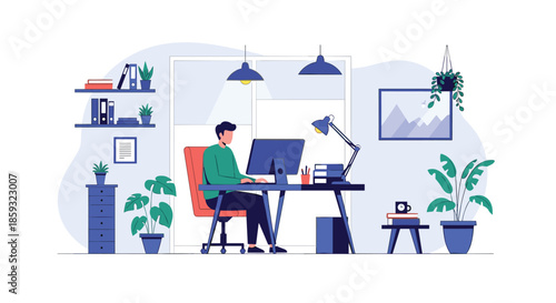 Professional man working on a desktop computer in his stylish and well-organized home office filled with lush green plants.