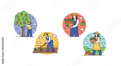 Comprehensive set of farm icons depicting diverse agricultural activities such as picking fruit, tilling soil, and harvesting.