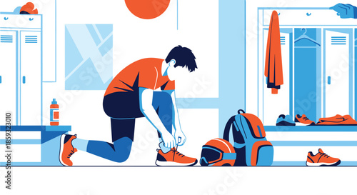 Focused athlete tying his shoelaces in a locker room as he prepares for a training session or competitive sports match.
