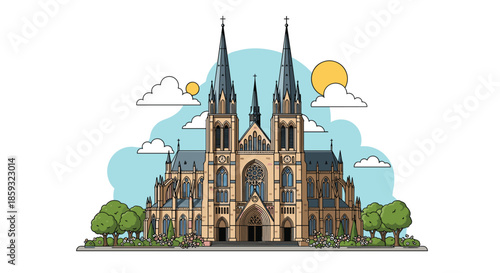 Majestic illustration of a grand Gothic cathedral featuring intricate architectural details and twin spires against a blue sky.