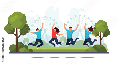 Energetic group of diverse young friends jumping for joy in a park with a city skyline and Ferris wheels in the background.