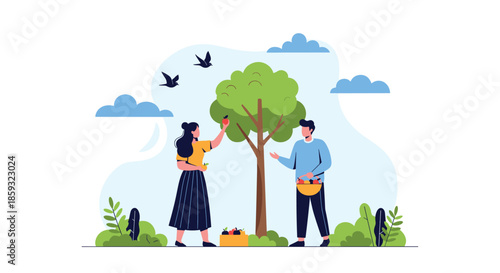 Young couple enjoying a sunny day outdoors while picking fresh red apples from a lush tree in their orchard or garden.