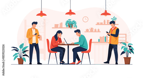 Busy cafe scene showing diverse people working on laptops and using their smartphones in a cozy modern coffee shop.