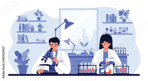 Team of researchers working together in a high-tech science laboratory using microscopes and conducting chemical experiments.