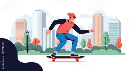 Energetic young man performing a trick on his skateboard in an urban city park with tall skyscrapers in the background.