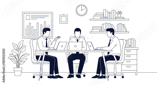 Simple line art illustration of three businessmen sitting at a desk and collaborating on a project in a modern office.