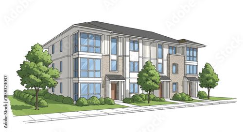 Architectural sketch of a modern multi-story apartment building with large glass windows and minimalist exterior design.