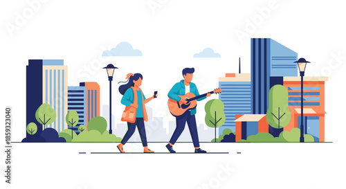 Young couple walking through a modern city street while the man plays an acoustic guitar and the woman uses her phone.