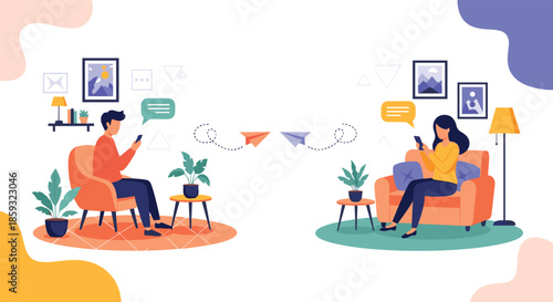 Man and woman in different rooms communicate using mobile phones while paper planes fly between them representing messaging.