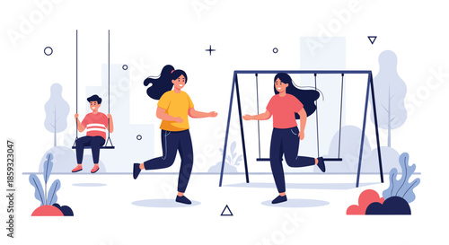 Group of happy children and teenagers playing together on a playground with swings in a sunny city park environment.