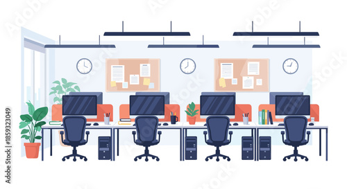 Contemporary open plan office workspace with rows of tidy desks, computers, ergonomic chairs, and wall-mounted notice boards.