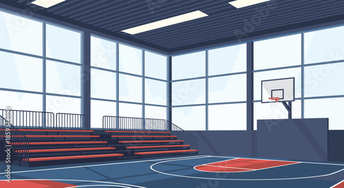 Empty indoor basketball court featuring a polished wooden floor, basketball hoop, and bleachers for spectators.