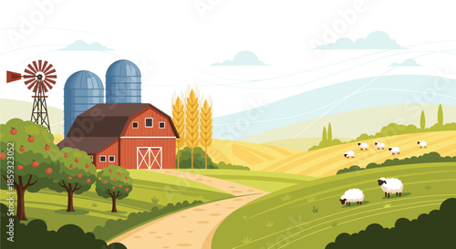 Picturesque farm landscape featuring a red barn, windmill, silos, and a flock of sheep grazing in green rolling hills.