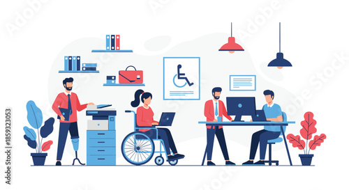 Diverse and inclusive office environment featuring employees with various abilities working together using assistive technology.